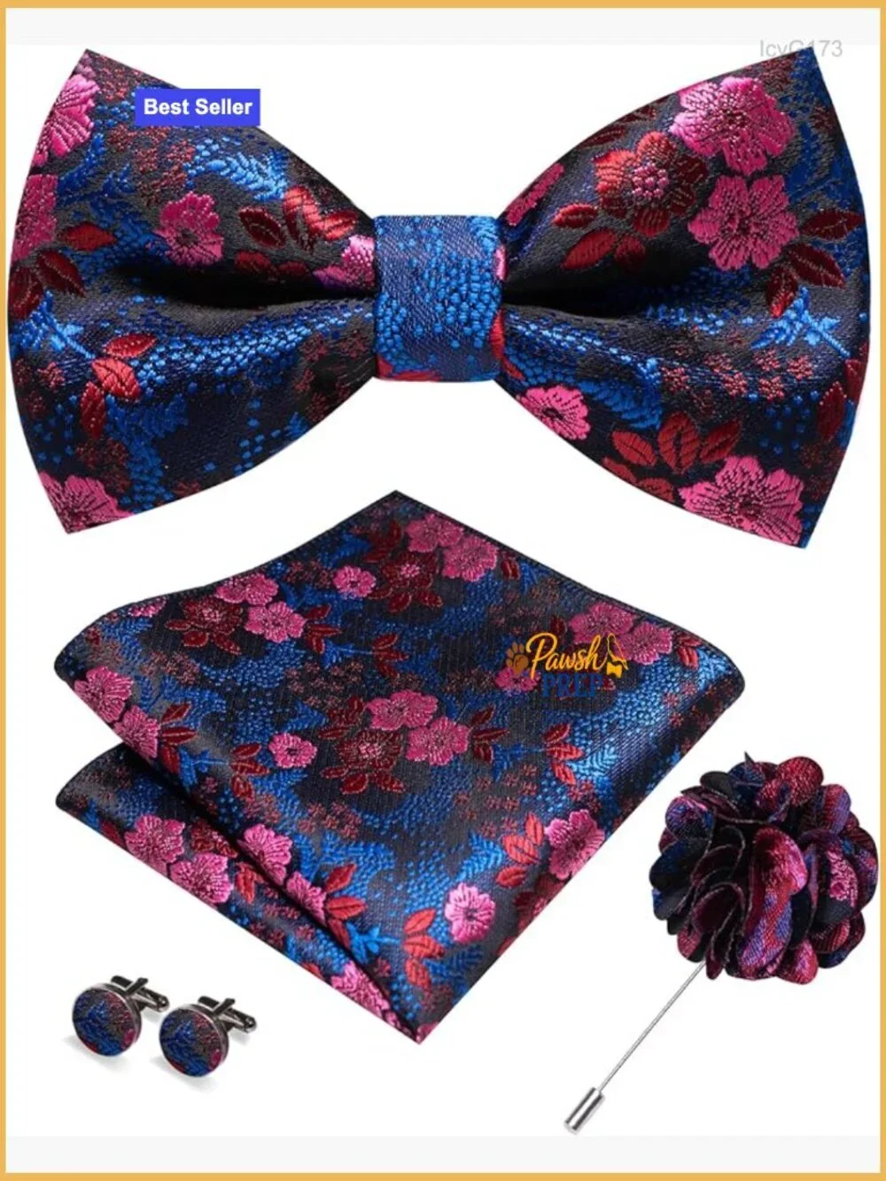 Men's Silk Floral Bow Tie Set with Pocket Square Cufflinks Lapel Pin
